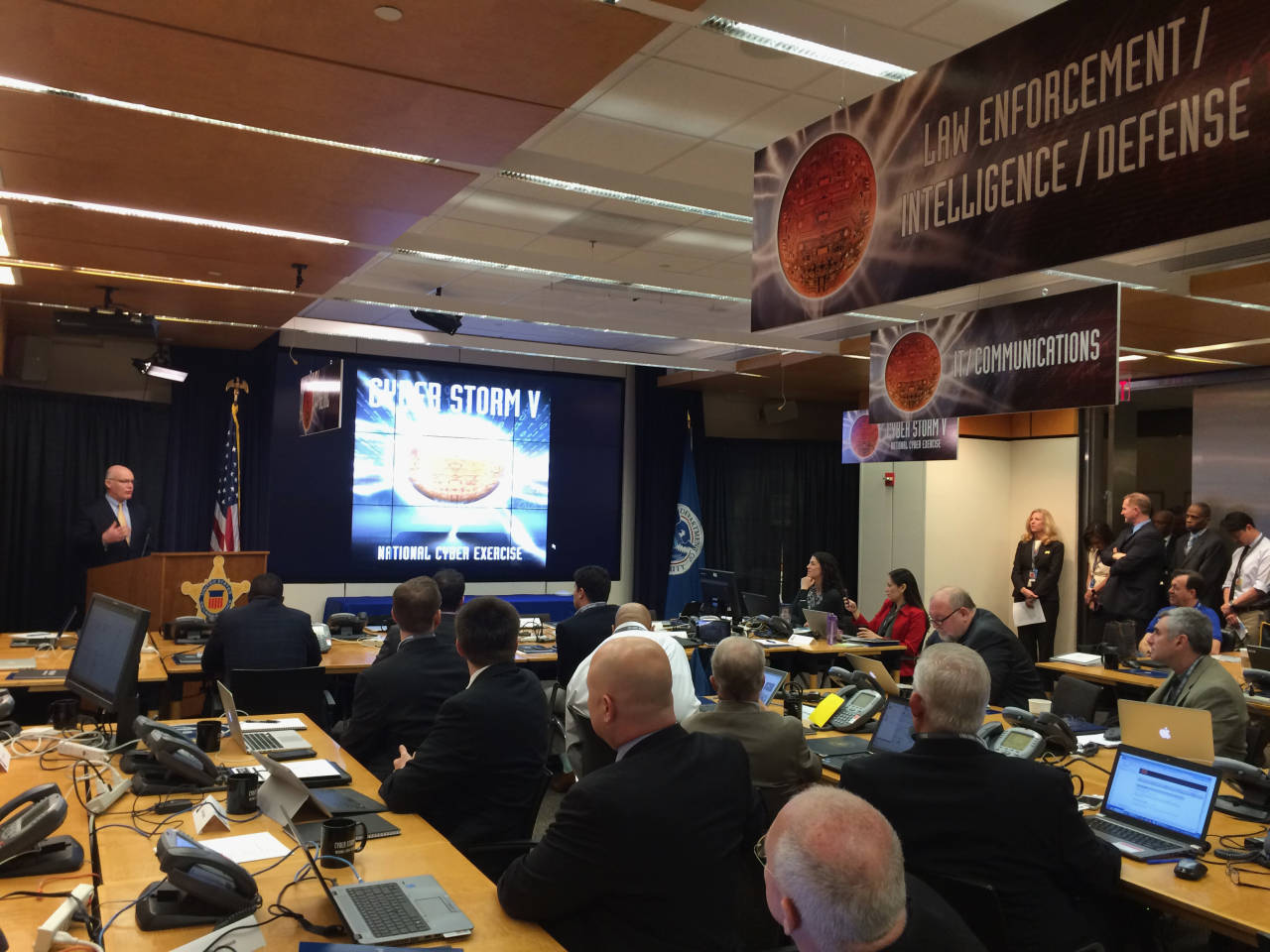 Secret Service Director Joe Clancy speaks during the kick off Cyber Storm V in Washington, Tuesday, March 8, 2016. More than 1,100 cybersecurity professionals across the country and from Wyoming, Missouri, Mississippi, Georgia, Maine, Nevada, Oklahoma and Oregon, are participating in the Homeland Security Department's simulation to test their ability to deal with a cyberattack, said Touhill, the agencys deputy assistant secretary for Cybersecurity Operations and Programs at DHS. (AP Photo/Tami Abdollah)